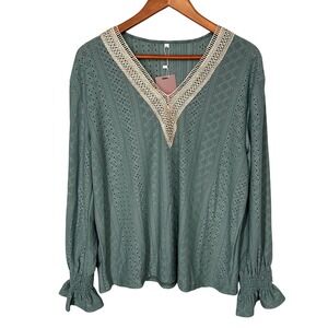 Yesfashion Green Stretchy Blouse Lace Neckline Wide Elastic Cuffs Women's XL NWT
